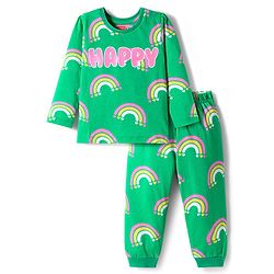 Babyhug Cotton Knit Full Sleeves Co-ord Night Suit With Rainbow Print - Green