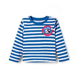 Babyhug Disney Terry Knit Full Sleeves Striped T-Shirt & Dungaree with Mickey Mouse & Friends Graphic & Badge Detailing - Red & Blue