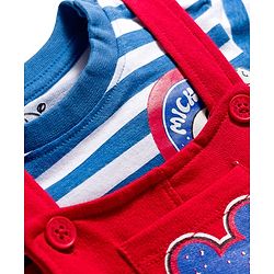 Babyhug Disney Terry Knit Full Sleeves Striped T-Shirt & Dungaree with Mickey Mouse & Friends Graphic & Badge Detailing - Red & Blue