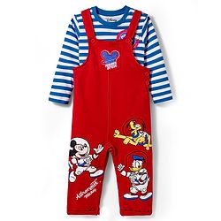 Babyhug Disney Terry Knit Full Sleeves Striped T-Shirt & Dungaree with Mickey Mouse & Friends Graphic & Badge Detailing - Red & Blue