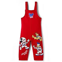 Babyhug Disney Terry Knit Full Sleeves Striped T-Shirt & Dungaree with Mickey Mouse & Friends Graphic & Badge Detailing - Red & Blue
