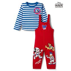 Babyhug Disney Terry Knit Full Sleeves Striped T-Shirt & Dungaree with Mickey Mouse & Friends Graphic & Badge Detailing - Red & Blue