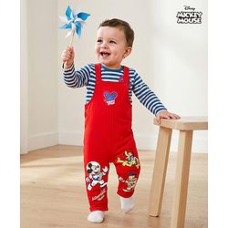 Babyhug Disney Terry Knit Full Sleeves Striped T-Shirt & Dungaree with Mickey Mouse & Friends Graphic & Badge Detailing - Red & Blue