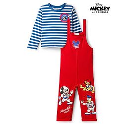 Babyhug Disney Terry Knit Full Sleeves Striped T-Shirt & Dungaree with Mickey Mouse & Friends Graphic & Badge Detailing - Red & Blue