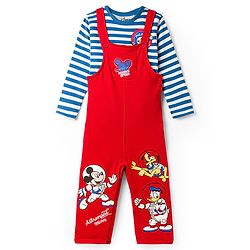 Babyhug Disney Terry Knit Full Sleeves Striped T-Shirt & Dungaree with Mickey Mouse & Friends Graphic & Badge Detailing - Red & Blue