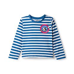 Babyhug Disney Terry Knit Full Sleeves Striped T-Shirt & Dungaree with Mickey Mouse & Friends Graphic & Badge Detailing - Red & Blue