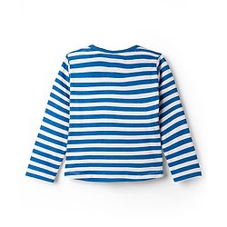 Babyhug Disney Terry Knit Full Sleeves Striped T-Shirt & Dungaree with Mickey Mouse & Friends Graphic & Badge Detailing - Red & Blue