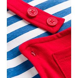 Babyhug Disney Terry Knit Full Sleeves Striped T-Shirt & Dungaree with Mickey Mouse & Friends Graphic & Badge Detailing - Red & Blue