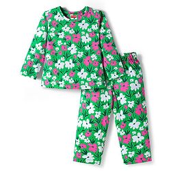 Babyhug Cotton Knit Full Sleeves Co-ord Night Suit With Floral Print - Green