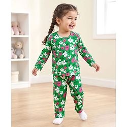 Babyhug Cotton Knit Full Sleeves Co-ord Night Suit With Floral Print - Green