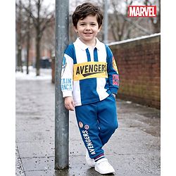 Babyhug Marvel Terry Knit Full Sleeves Cut & Sew Polo Sweatshirt & Track Pant Set with Avengers Graphic - Blue