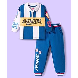Babyhug Marvel Terry Knit Full Sleeves Cut & Sew Polo Sweatshirt & Track Pant Set with Avengers Graphic - Blue