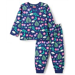 Babyhug Cotton Knit Full Sleeves Co-Ord Night Suit with Floral Print - Navy Blue