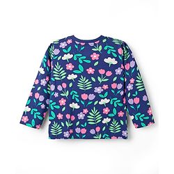 Babyhug Cotton Knit Full Sleeves Co-Ord Night Suit with Floral Print - Navy Blue
