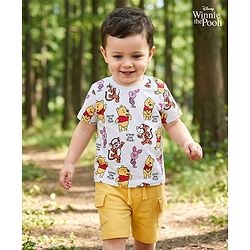 Babyhug Disney Single Jersey Knit Half Sleeves T-Shirt & Shorts Set with Winnie the Pooh Print - Yellow & White
