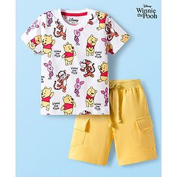 Babyhug Disney Single Jersey Knit Half Sleeves T-Shirt & Shorts Set with Winnie the Pooh Print - Yellow & White