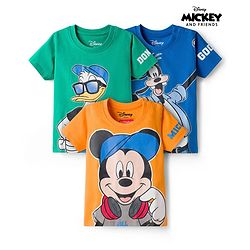 Babyhug Disney Single Jersey Knit Half Sleeves T-Shirts with Mickey & Friends Graphic Pack of 3 - Blue Orange & Green