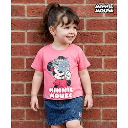 Babyhug Disney Single Jersey Knit Drop Shoulder Half Sleeves Oversized T-Shirt & Skirt Set with Minnie Mouse Graphic & Tie & Dye Effect - Pink