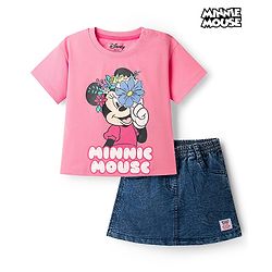 Babyhug Disney Single Jersey Knit Drop Shoulder Half Sleeves Oversized T-Shirt & Skirt Set with Minnie Mouse Graphic & Tie & Dye Effect - Pink