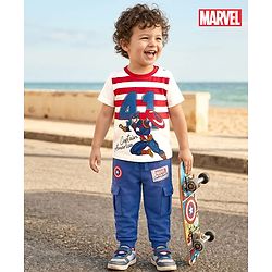 Babyhug Marvel Single Jersey Knit Half Sleeves T-Shirt & Lounge Pant Set with Captain America Graphic - Navy Blue