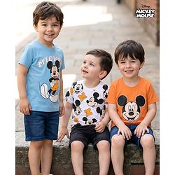 Babyhug Disney Single Jersey Knit Half Sleeves T-Shirts with Mickey Mouse Graphic Pack of 3 - Light Blue Orange & White