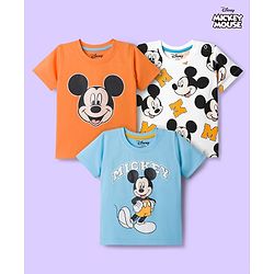 Babyhug Disney Single Jersey Knit Half Sleeves T-Shirts with Mickey Mouse Graphic Pack of 3 - Light Blue Orange & White