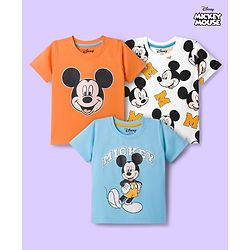 Babyhug Disney Single Jersey Knit Half Sleeves T-Shirts with Mickey Mouse Graphic Pack of 3 - Light Blue Orange & White