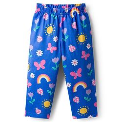 Babyhug Cotton Knit Full Sleeves Co-Ord Night Suit with Floral Butterfly & Rainbow Print - Navy Blue