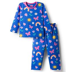 Babyhug Cotton Knit Full Sleeves Co-Ord Night Suit with Floral Butterfly & Rainbow Print - Navy Blue