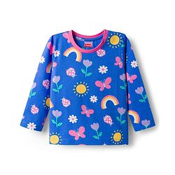 Babyhug Cotton Knit Full Sleeves Co-Ord Night Suit with Floral Butterfly & Rainbow Print - Navy Blue