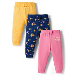 Babyhug Single Jersey Knit Full Length Lounge Pants with Floral Print & Bow Applique Pack of 3 - Multicolor