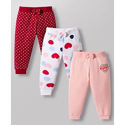 Babyhug Single Jersey Knit Full Length Lounge Pants with Heart Polka Dot Print & Bow Applique Pack of 3 - Multicolor