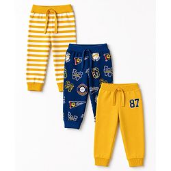 Babyhug 100% Cotton Single Jersey Knit Full Length Striped Lounge Pant with Varsity Print Pack of 3 - Navy & Yellow