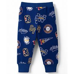 Babyhug 100% Cotton Single Jersey Knit Full Length Striped Lounge Pant with Varsity Print Pack of 3 - Navy & Yellow