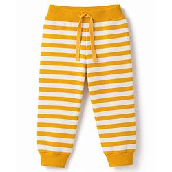 Babyhug 100% Cotton Single Jersey Knit Full Length Striped Lounge Pant with Varsity Print Pack of 3 - Navy & Yellow