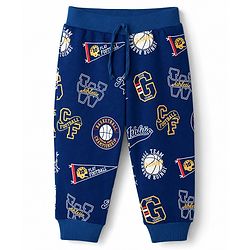 Babyhug 100% Cotton Single Jersey Knit Full Length Striped Lounge Pant with Varsity Print Pack of 3 - Navy & Yellow