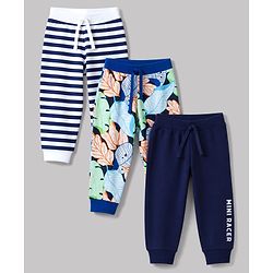 Babyhug 100% Cotton Knit Full Length Striped Tropical Theme & Text Printed Lounge Pants Pack Of 3 - Navy Blue & White
