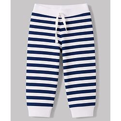 Babyhug 100% Cotton Knit Full Length Striped Tropical Theme & Text Printed Lounge Pants Pack Of 3 - Navy Blue & White
