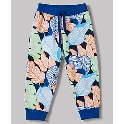 Babyhug 100% Cotton Knit Full Length Striped Tropical Theme & Text Printed Lounge Pants Pack Of 3 - Navy Blue & White