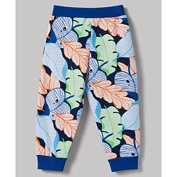 Babyhug 100% Cotton Knit Full Length Striped Tropical Theme & Text Printed Lounge Pants Pack Of 3 - Navy Blue & White