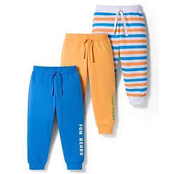 Babyhug Cotton Knit Full Length Striped & Fun Ready Printed Lounge Pants Pack of 3 - Multicolor
