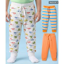 Babyhug Cotton Knit Full Length Striped & Car Printed Lounge Pants Pack of 3 - Multicolor