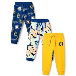Babyhug 100% Cotton Single Jersey Knit Full Length Lounge Pant with Leafy & Varsity Print Pack of 3 - Navy & Yellow