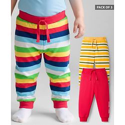 Babyhug Single Jersey Cotton Knit Full Length Striped Lounge Pants Pack Of 3 -Multicolour