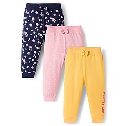 Babyhug Cotton Single Jersey Knit Full Length Lounge Pants with Polka Dotted Floral & Pretty Girl Print Pack of 3 - Yellow Pink & Navy Blue