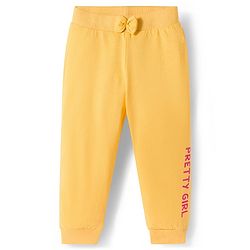 Babyhug Cotton Single Jersey Knit Full Length Lounge Pants with Polka Dotted Floral & Pretty Girl Print Pack of 3 - Yellow Pink & Navy Blue