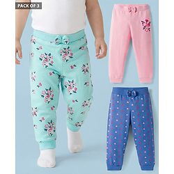 Babyhug Cotton Single Jersey Knit Full Length Lounge Pants with Hearts & Floral Print Pack of 3 - Blue Sea Green & Pink