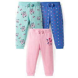Babyhug Cotton Single Jersey Knit Full Length Lounge Pants with Hearts & Floral Print Pack of 3 - Blue Sea Green & Pink