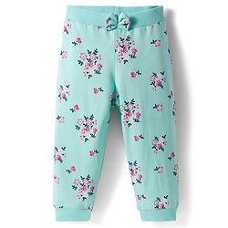 Babyhug Cotton Single Jersey Knit Full Length Lounge Pants with Hearts & Floral Print Pack of 3 - Blue Sea Green & Pink