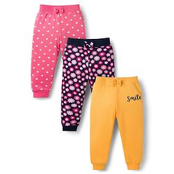 Babyhug Single Jersey Knit Full Length Lounge Pants With Floral & Polka Dot Print Pack of 3 - Multicolor